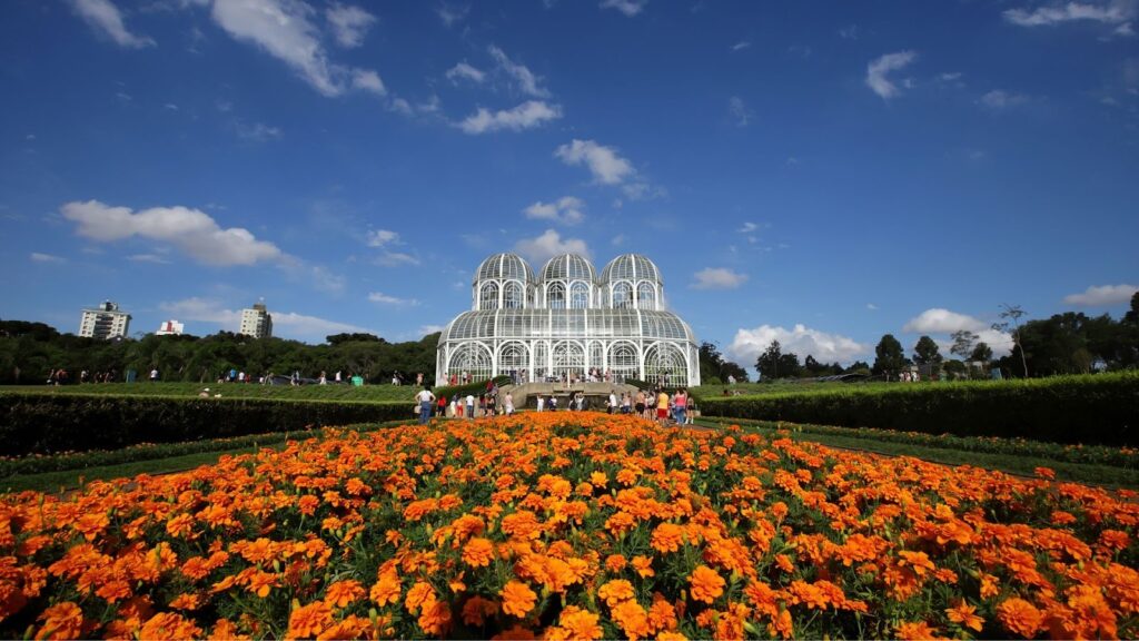 Lugares para viajar na primavera Estufa do Jardim Botânico de Curitiba, no Paraná, em um dia ensolarado. O primeiro plano é dominado por um vasto canteiro de flores laranjas, e a estufa de metal e vidro, em estilo art nouveau, aparece ao fundo, com pessoas caminhando nos arredores. O céu está azul com algumas nuvens brancas.