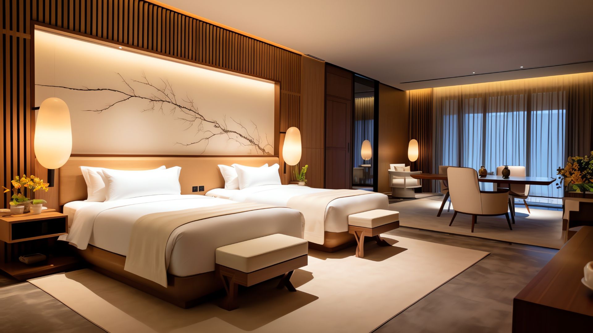 Interior de um quarto de hotel elegante e aconchegante, com design contemporâneo e iluminação suave, criando uma atmosfera tranquila. O espaço inclui duas camas confortáveis e uma área de jantar/trabalho separada.