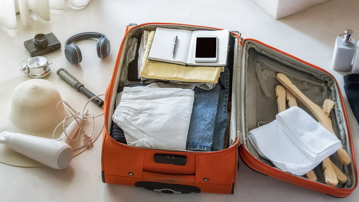Mala de viagem de cor laranja aberta, recheada com roupas dobradas (shorts brancos, jeans) e itens pessoais, como um caderno ou bloco de anotações, uma caneta e um celular. Ao redor da mala, sobre um piso claro, estão dispostos outros acessórios essenciais para viagem: um chapéu de palha de aba larga, um secador de cabelo, uma escova de cabelo, fones de ouvido, uma câmera fotográfica e um pequeno recipiente de metal. No lado direito da mala, toalhas dobradas, cabides de madeira e frascos de amenities (sabonete líquido, shampoo, etc.) completam a cena.