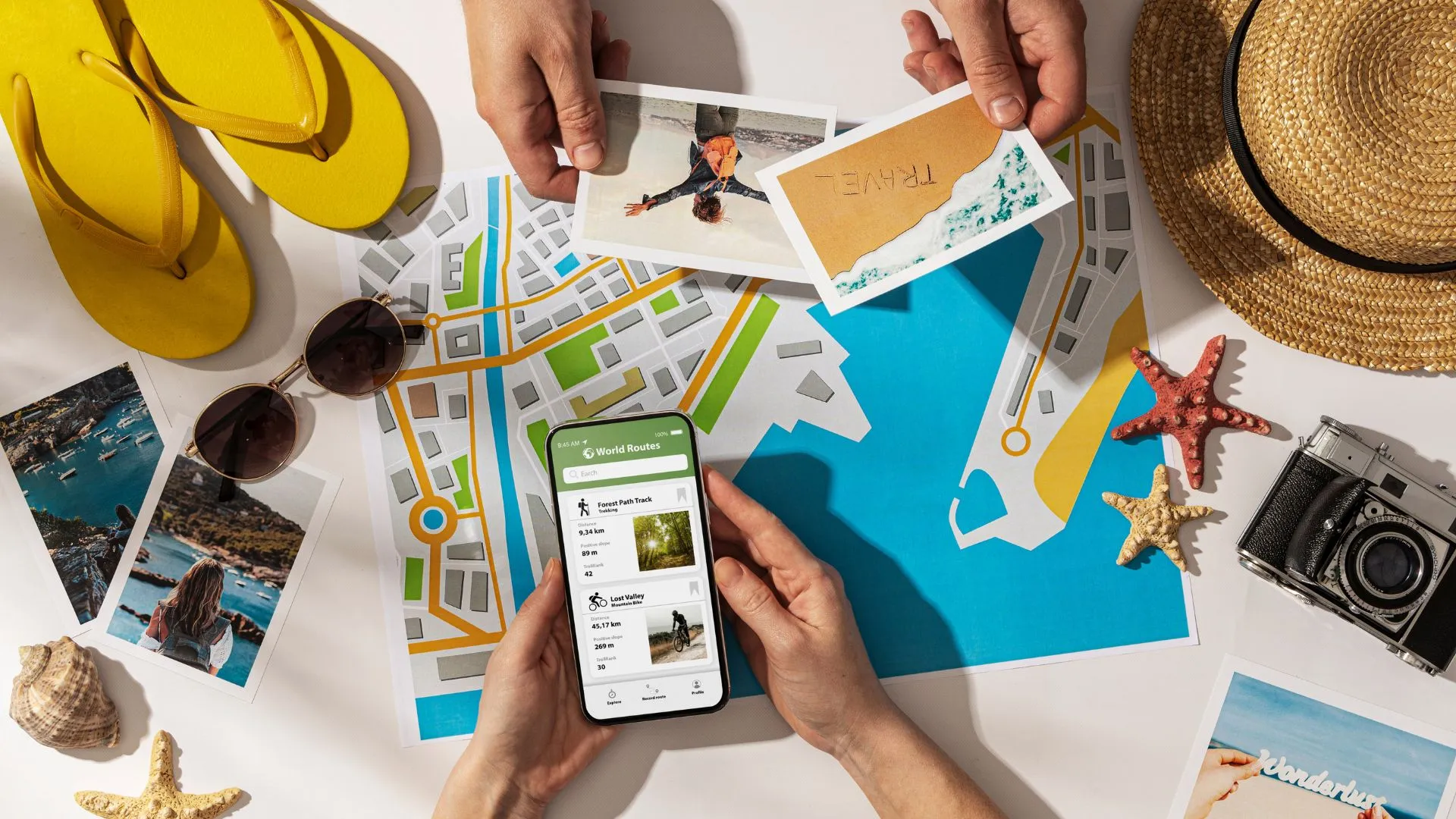 Visão superior de duas pessoas planejando uma viagem de férias. A mesa está repleta de itens de praia e viagem: um mapa, óculos de sol, um chapéu de palha, chinelos amarelos e estrelas-do-mar. Uma pessoa segura um smartphone mostrando um aplicativo de rotas de viagem, enquanto as mãos de outra pessoa seguram fotos e um cartão postal sobre o mapa.