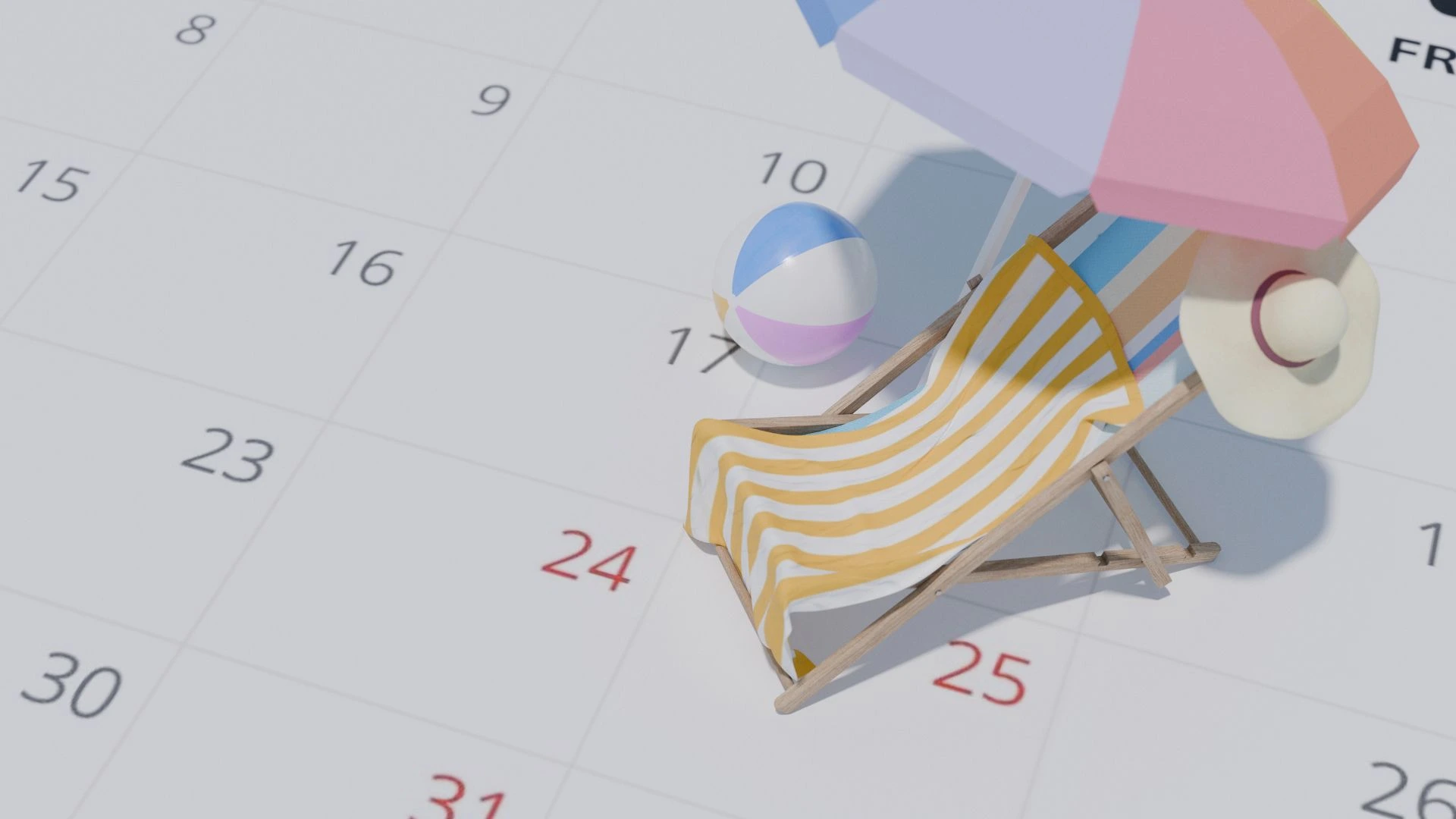 Ilustração em 3D minimalista mostra uma cena de férias montada sobre um calendário de fundo branco com números cinzas e alguns destacados em vermelho. Sobre os dias 17, 18, 24 e 25, há uma pequena cadeira de praia de madeira com uma toalha listrada em amarelo e branco, um guarda-sol colorido em tons pastéis (rosa, azul e roxo), uma bola de praia e um chapéu de palha. A imagem evoca a ideia de planejamento de viagens e descanso.