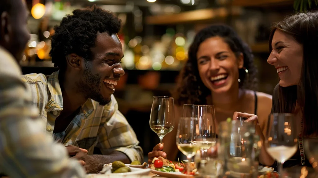 Quatro amigos — dois homens e duas mulheres, multirraciais — riem muito à mesa de um restaurante aconchegante e bem iluminado à noite, segurando taças de vinho e cercados por pratos de aperitivos.