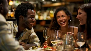 Quatro amigos — dois homens e duas mulheres, multirraciais — riem muito à mesa de um restaurante aconchegante e bem iluminado à noite, segurando taças de vinho e cercados por pratos de aperitivos.