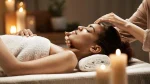 Uma mulher de pele retinta clara e cabelos escuros está deitada de perfil em uma maca de spa, de olhos fechados e com uma expressão serena. Ela está coberta por uma toalha branca felpuda e sua cabeça repousa sobre outra toalha delicadamente enrolada. Uma profissional, cuja identidade não é totalmente visível, realiza uma massagem facial, tocando suavemente a testa e o queixo da cliente. O ambiente é aconchegante e intimista, com velas acesas ao fundo e em primeiro plano, criando uma iluminação quente e relaxante de desfoque suave (bokeh).