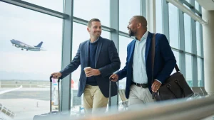 Dois executivos sorridentes conversam em um saguão de aeroporto, puxando malas de viagem. Ao fundo, um avião decola sob janelas amplas e iluminadas.