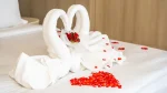 Dois cisnes feitos de toalhas brancas sobre uma cama, com os pescoços formando um coração. Há um pequeno buquê de rosas vermelhas entre eles e pétalas de rosas espalhadas pelo lençol, incluindo um arranjo em formato de coração na frente das toalhas.